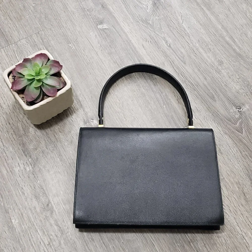 Vintage Genuine Leather Top Handle Handbag Black Gold - Picture 2 of 10